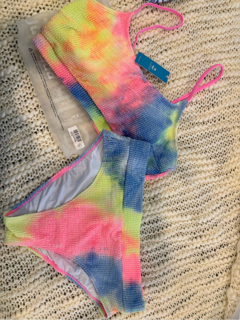 Cupshe-Womens Tie-Dye Textured Two-Piece Swim Set - Pink, Blue, Yellow - Picture 5 of 5